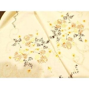 Vtg Hand Embroidered Floral Ecru Tablecloth Cross-Stitched Orange Yellow Brown